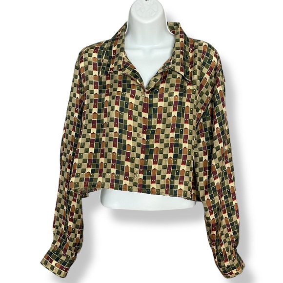 Vintage Blouse DIY Crop Top Block Pattern Long‎ Sleeve Funky Button-Up Shirt - Picture 1 of 13